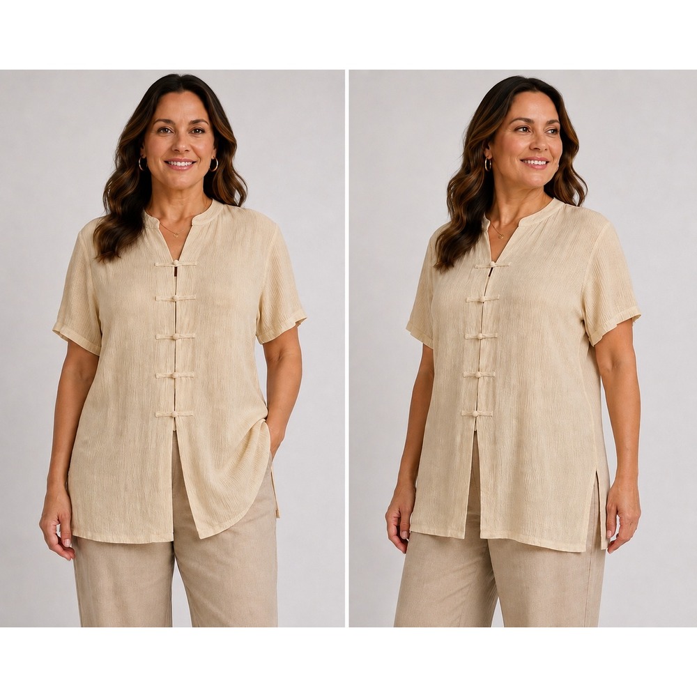 Jacqueline Ferrar 100% Silk Crinkle Frog Button Blouse Beige Large